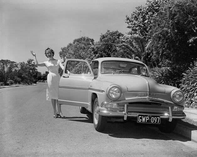 Simca, Woman Standing with a Motor Car, Melbourne, Victoria, Nov 1958