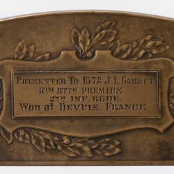 Plaque - World War I, AIF Sport Prize, Private J.L. Gaborit, circa 1917 - Reverse