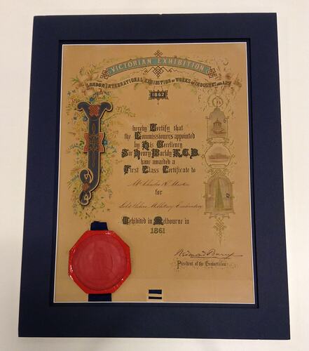 HT 48885, Certificate - First Class, Awarded to Charles Martin, Victorian Exhibition, London International Exhibition of Works & Industry, 1862 (ROYAL EXHIBITION BUILDING)