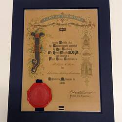 Certificate - First Class, Awarded to Charles Martin, Victorian Exhibition, London International Exhibition of Works & Industry, 1862