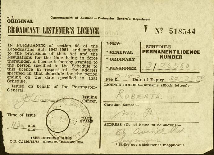 Broadcast Listener's Licence - Commonwealth of Australia, Postmaster General's Department, 28 Mar 1957