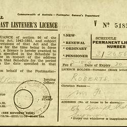 Broadcast Listener's Licence - Frederick & Amelia Roberts, Commonwealth of Australia, Postmaster General's Department, 28 Mar 1957
