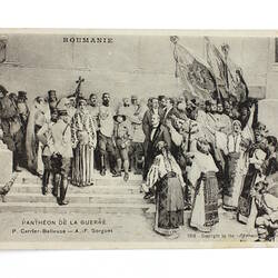 Front of postcard showing people in Roumanian clothing on steps.