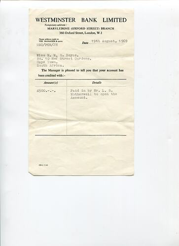 Receipt - Sylvia Boyes, Lindsay Motherwell, Westminster Bank, 19 Aug 1969
