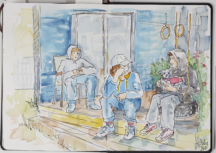 Sketch Of Three Teenage Boys On Verandah During COVID-19, Barwon Heads, 1 Jul 2020