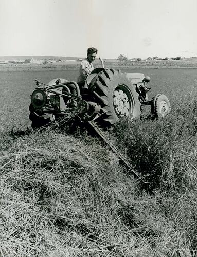 Man driving a tractor coupled with a mower on a bank.