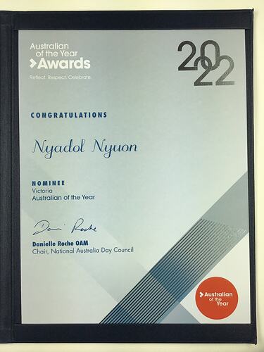 Certificate - Australian of the Year Awards, Nyadol Nyuon, Nominee for Victoria, 2022