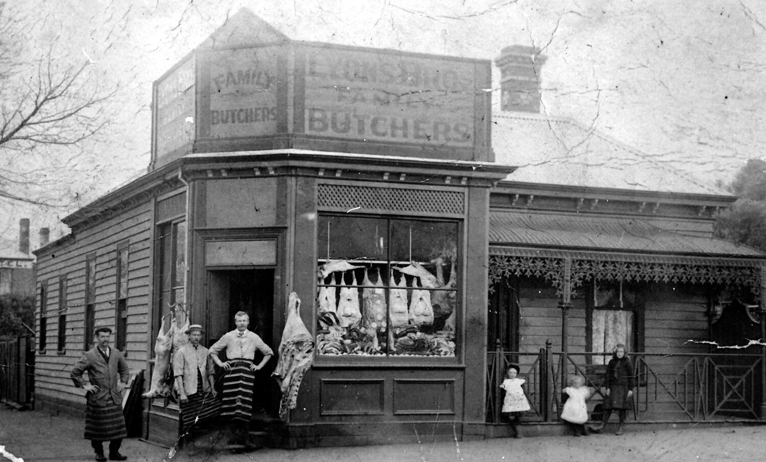 Negative Lyons Bros Family Butchers, Geelong, Victoria, circa 1905