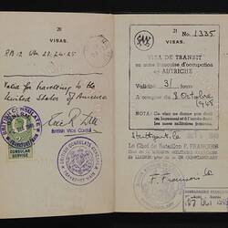 Open passport with text on both pages. Multiple black and blue stamps.