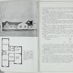 Open booklet with white pages and black printing. House and floorplan on left page.