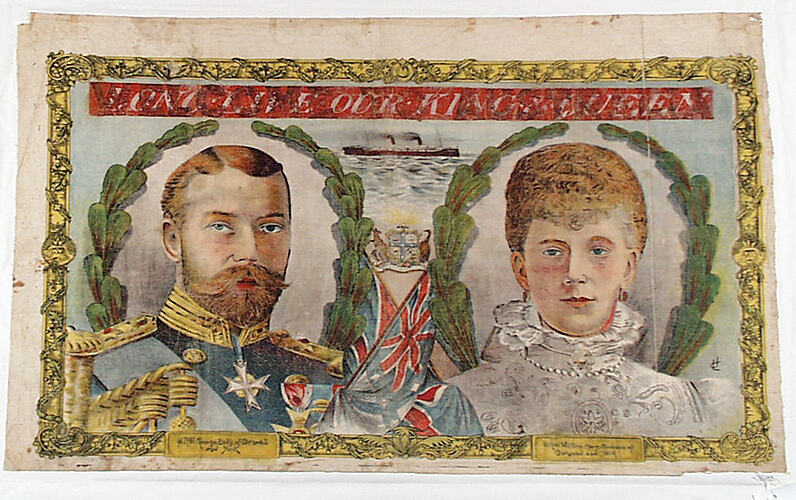 Man and woman, both framed by wreaths, with flags in between them. Coat of arms and ship above flag.