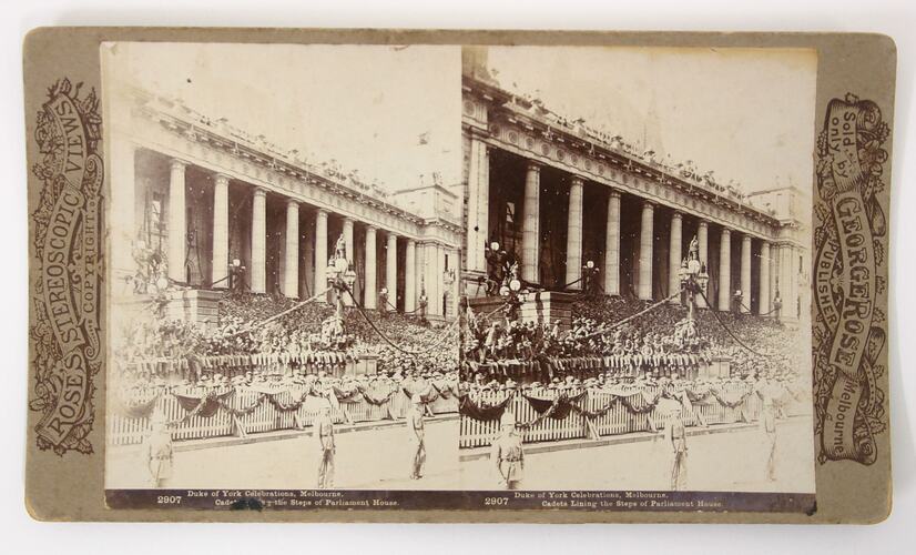 Front of stereograph depicting Victorian Parliament, cadets and crowds.