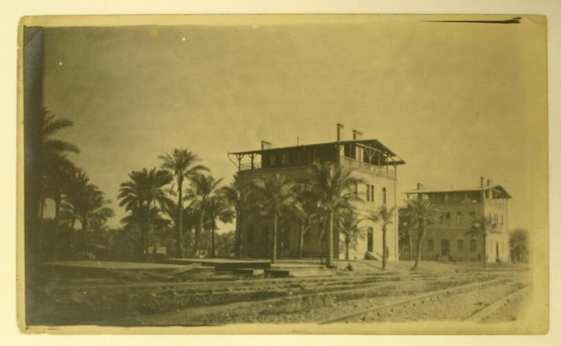 Two railway offices surrounded by palm trees, next to train tracks.