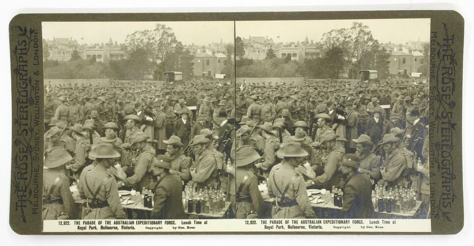 Rose Stereograph - 'The Parade of the Australian Expeditionary Force. Lunch Time at Royal Park, Melbourne Victoria.'