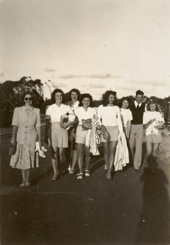 Digital Photograph - Friends on Holiday Walking Along Road, Torquay, 1948