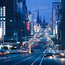 Digital Photograph - View of Bourke Street at Dusk, Looking East, Melbourne, 1960s