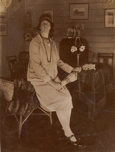 Digital Photograph - Woman in Cloche Hat, Seated, Lounge Room, Sandringham, circa 1920