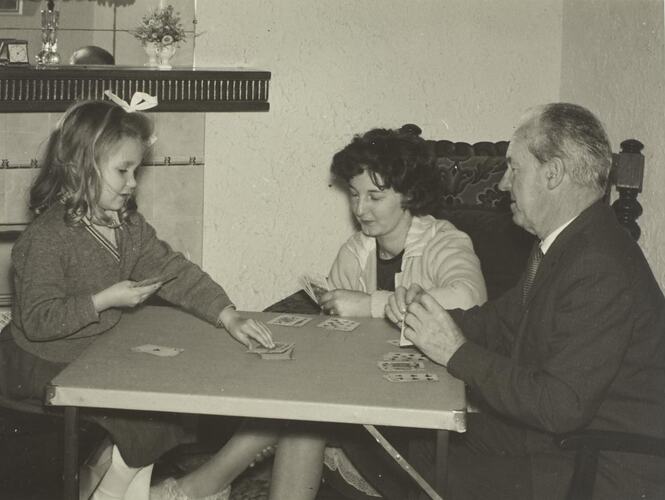 Digital Photograph - Girl Playing '500' with Mother & Grandfather, Lounge Room, Preston West, 1965