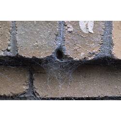 Spider web around hole in brick.