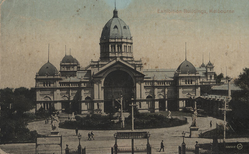 Postcard - Eastern Facade & Forecourt, Exhibition Building, Valentine & Sons, Melbourne, circa 1915