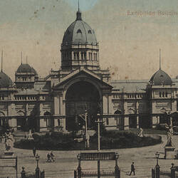 Postcard - Eastern Facade & Forecourt, Exhibition Building, Valentine & Sons, Melbourne, circa 1915