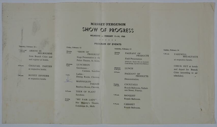 Draft Program - 'Show of Progress', Australian Dealer Convention, Massey Ferguson, 1960