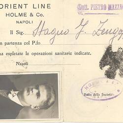Health Certificate - Orient Line, Naples, 1929