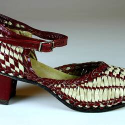 Shoe - Maroon and Cream Leather Basketweave, 1930s-1940s