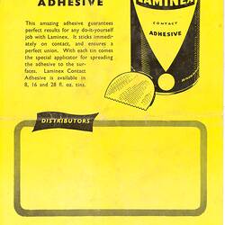 Trade Literature - Laminex Pty Ltd, Adhesives, 1965, Back Cover