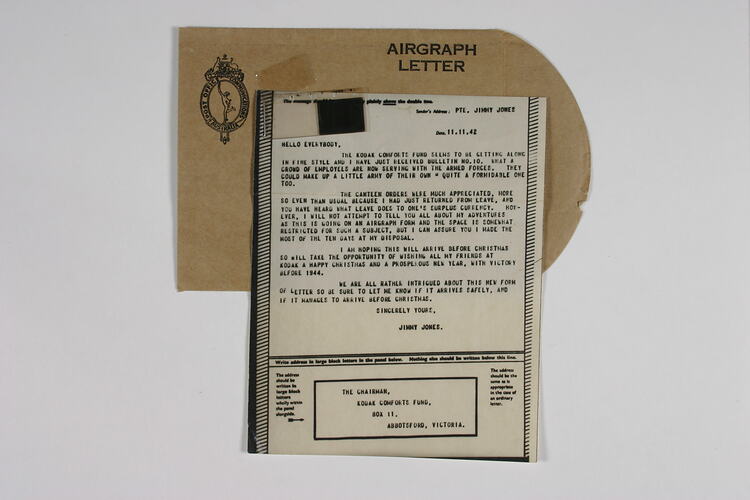 Airgraph letter with envelope and microfilm attached.