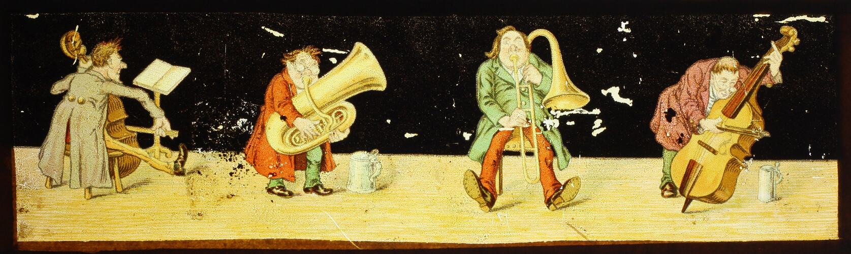 Lantern Slide - Four Men Playing Musical Instruments, Panorama Slide, 1866-1920