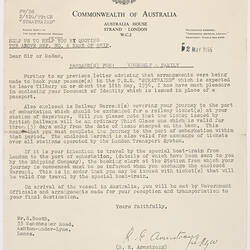 Letter - Details of Passage to Australia, 1956
