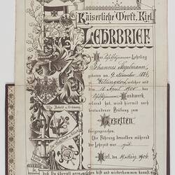 Certificate of Apprenticeship - Issued to J. Stegelman, Kaiserliche Harbour, Kiel, 19 May 1904