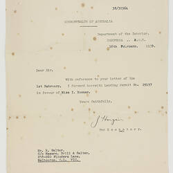 Letter - Commonwealth of Australia to Robert Salter, 16th Feb 1939