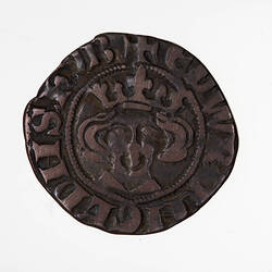 Coin, round, a crowned bust of the King facing; text around, + EDW R ANGL DNS HYB.