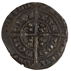 Coin, round, long cross pattee with three pellets in each angle; text around in two circles.
