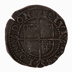 Coin, round, at centre within a beaded circle, cross fourchee quartered with the arms of France and England.