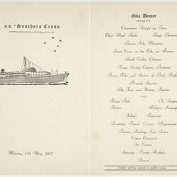 Menu - SS Southern Cross, Shaw Savill Line, Gala Dinner, 13th May 1957