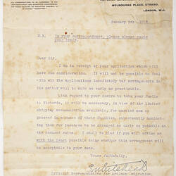 Letter - Victorian Land Settlement and Emigration Department, 1912
