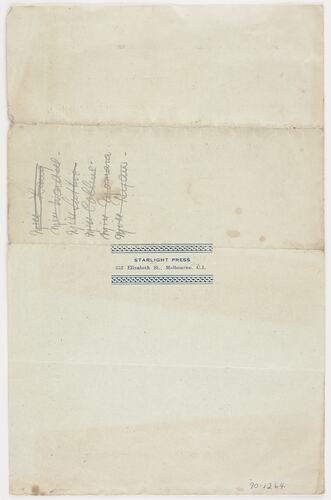 Back cover of programme of light blue paper with blue printing. Has grey pencil handwriting also.