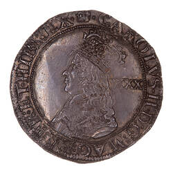 Coin, round, Laureate and draped bust of the King facing left; behind head, XXX; text around.