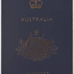 Blue cover with gold stamped coat of arms and 'Australia Passport'.