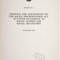 Booklet - Human Rights Commission, 'Proposal for Amendments to the Racial Discrimination Act', 1984