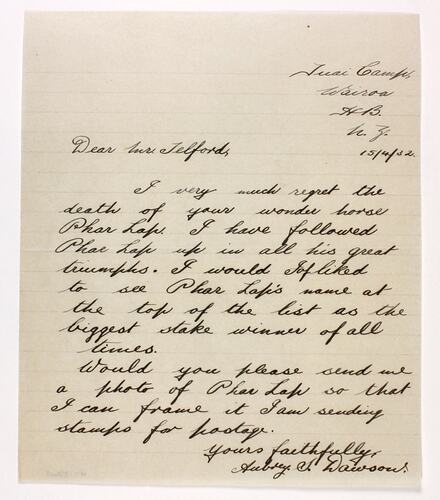 Letter - Dawsons to Telford, Phar Lap's Death, 15 Apr 1932