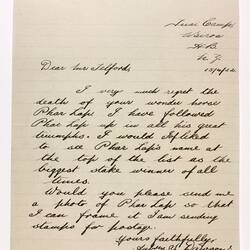 Letter - Dawsons to Telford, Phar Lap's Death, 15 Apr 1932