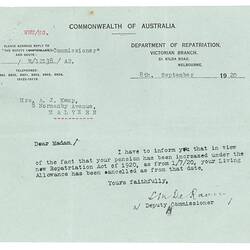Letter - Department of Repatriation to Mrs A. J. Kemp, Pension Increase, 8 Sep 1920