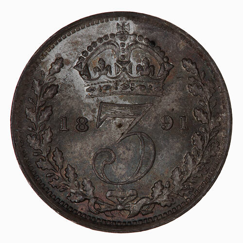Coin - Threepence, Queen Victoria, Great Britain, 1891 (Reverse)