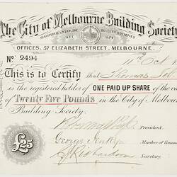 Scrip - City of Melbourne Building Society, Issued Victoria, Australia, 1886