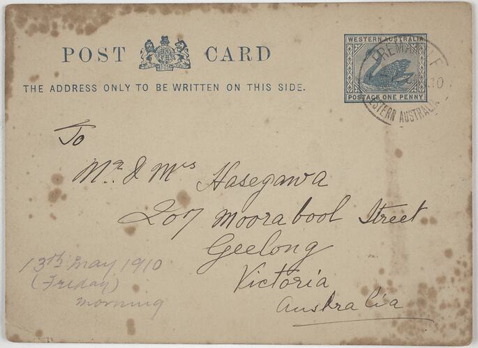 Postcard - From Western Australia to Setsutaro Hasegawa, Geelong, 6 May 1910