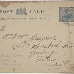 Postcard - From Western Australia to Setsutaro Hasegawa, Geelong, 6 May 1910